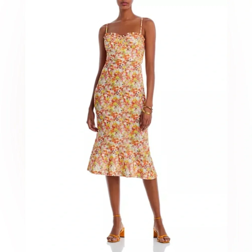 AQUA Ditsy Floral Print Lace Trumpet Midi Dress
